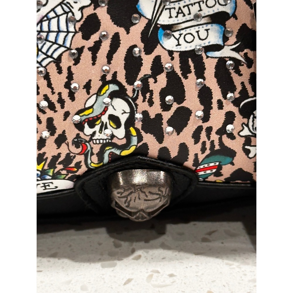 Ed Hardy Leopard Tattoo Print Rhinestone Satchel Bag NWT Skull Bling Y2K Small - Picture 6 of 9
